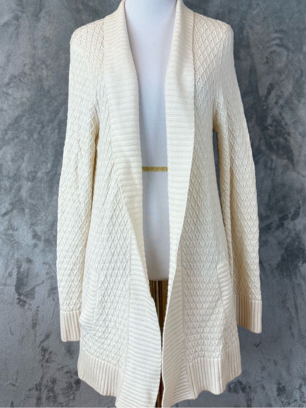 Talbots Cream Diamond Knit Lambswool Blend Open Cardigan Sweater Wmn’s L